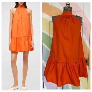 STAUD Marlowe Orange Halter Mini Dress Tie Neck XS Drop Waist Ruffle